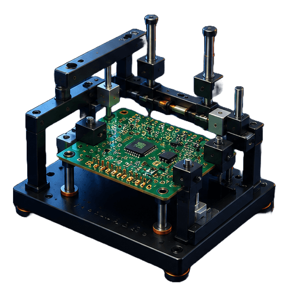Assembled test fixture holding a populated PCB